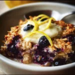 Blueberry Lemon Baked Oatmeal topped with fresh blueberries and lemon zest