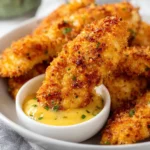 Breaded air fryer chicken tenders on a plate with dipping sauce