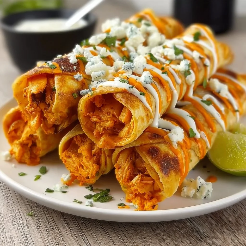 Delicious Buffalo Chicken Taquitos served with dipping sauce.