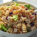 Cashew Chicken Rotini Salad with fresh vegetables and a creamy dressing