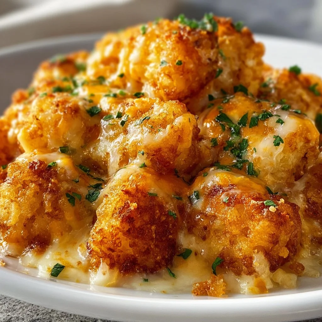 Cheddar Ranch Chicken Tater Tot Bake served in a casserole dish