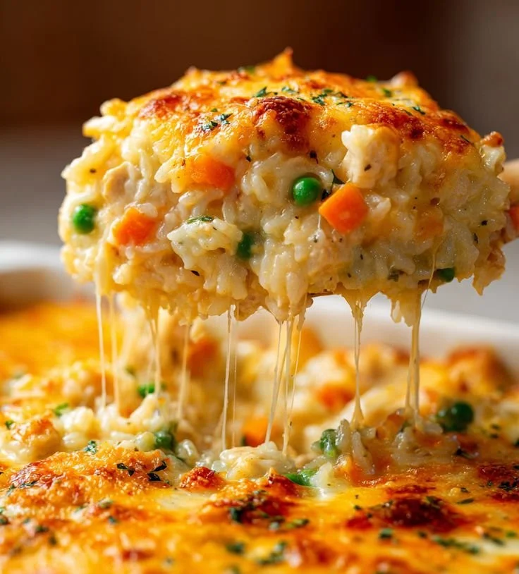 Cheesy chicken and rice casserole bake served in a white dish