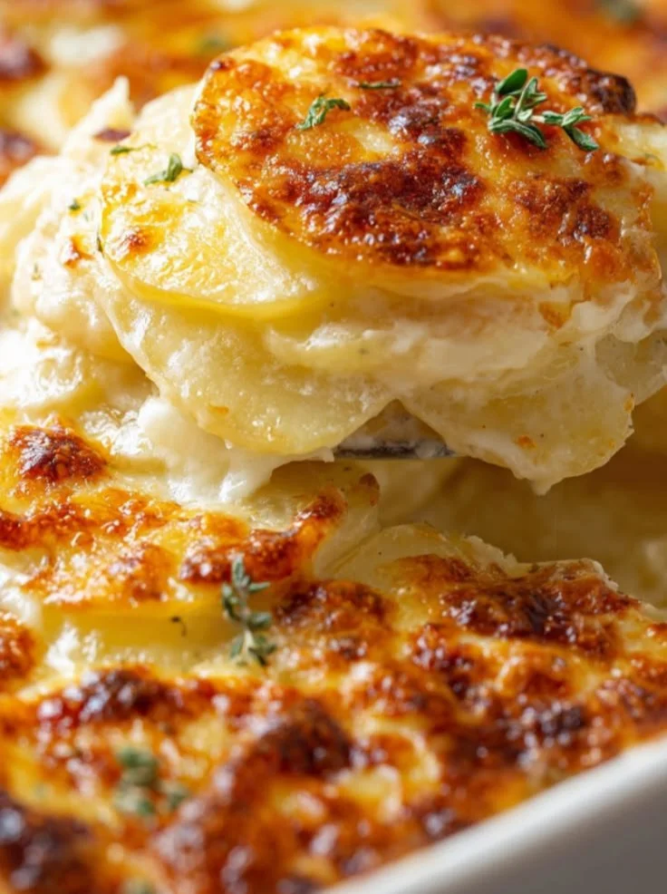 Delicious cheesy potatoes au gratin topped with golden melted cheese