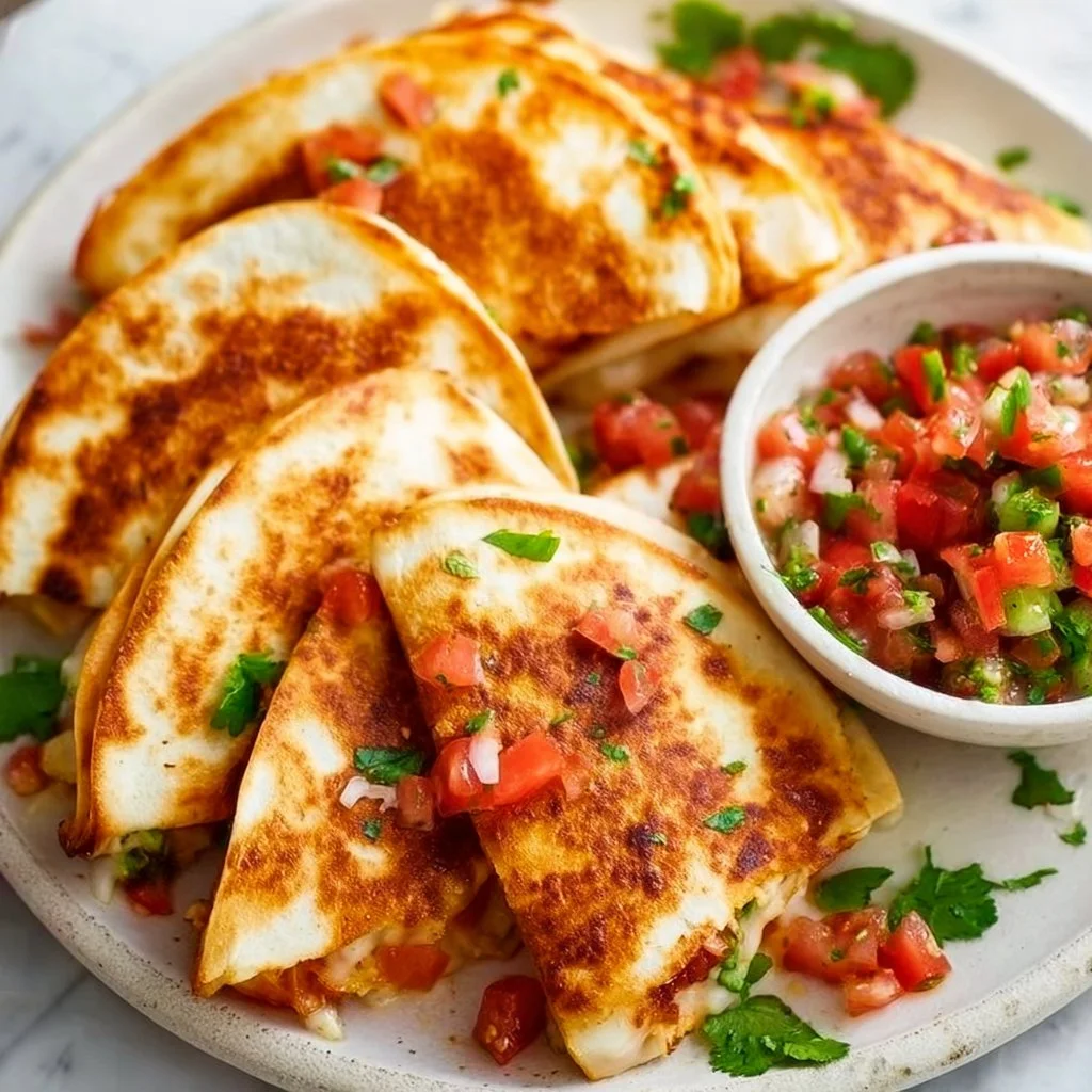 Delicious cheesy salsa chicken quesadillas served on a plate.