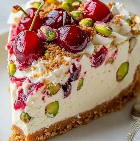 Slice of Cherry Pistachio Cheesecake topped with cherries and pistachios.