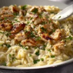Creamy Chicken Alfredo Orzo served in a bowl with parsley garnish
