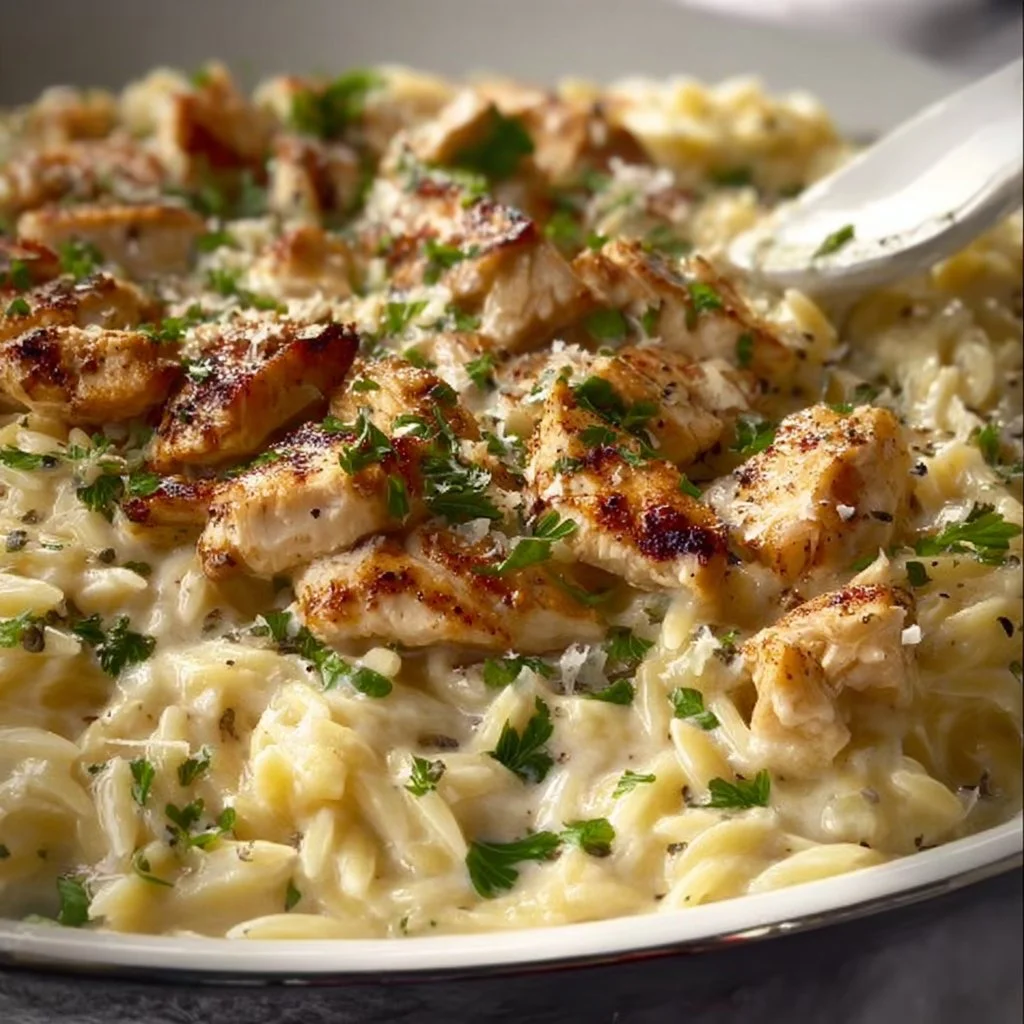 Creamy Chicken Alfredo Orzo served in a bowl with parsley garnish