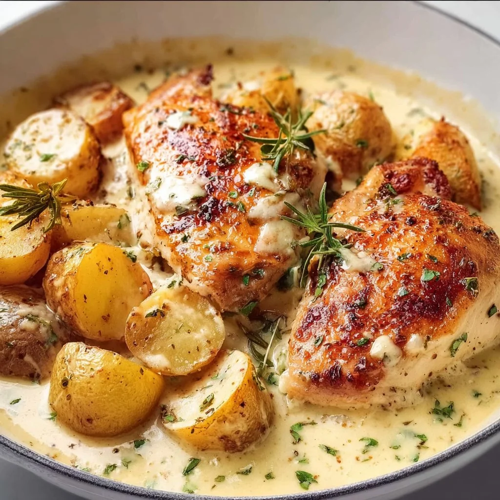Creamy Dijon chicken and potatoes dish, featuring tender meat and rich sauce.