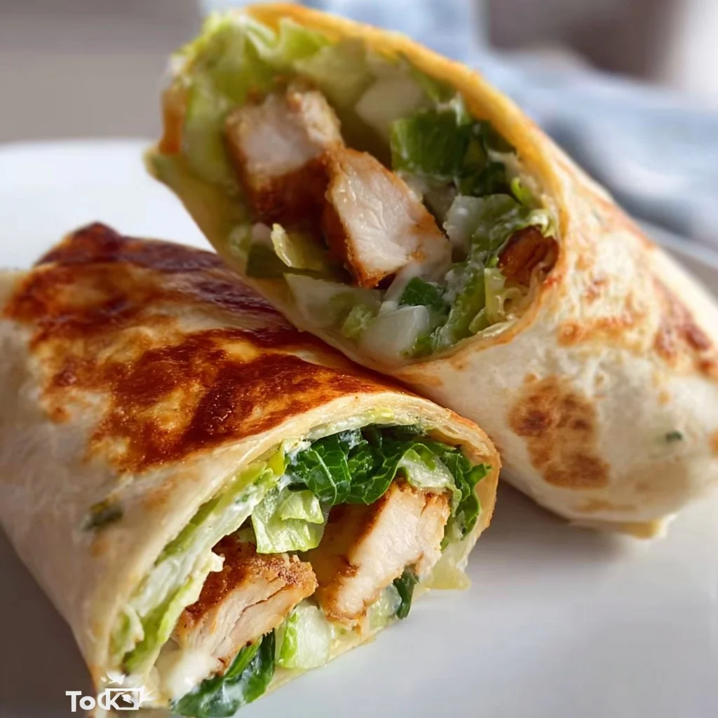 Delicious Chicken Caesar Salad Wrap with grilled chicken, romaine, and Caesar dressing