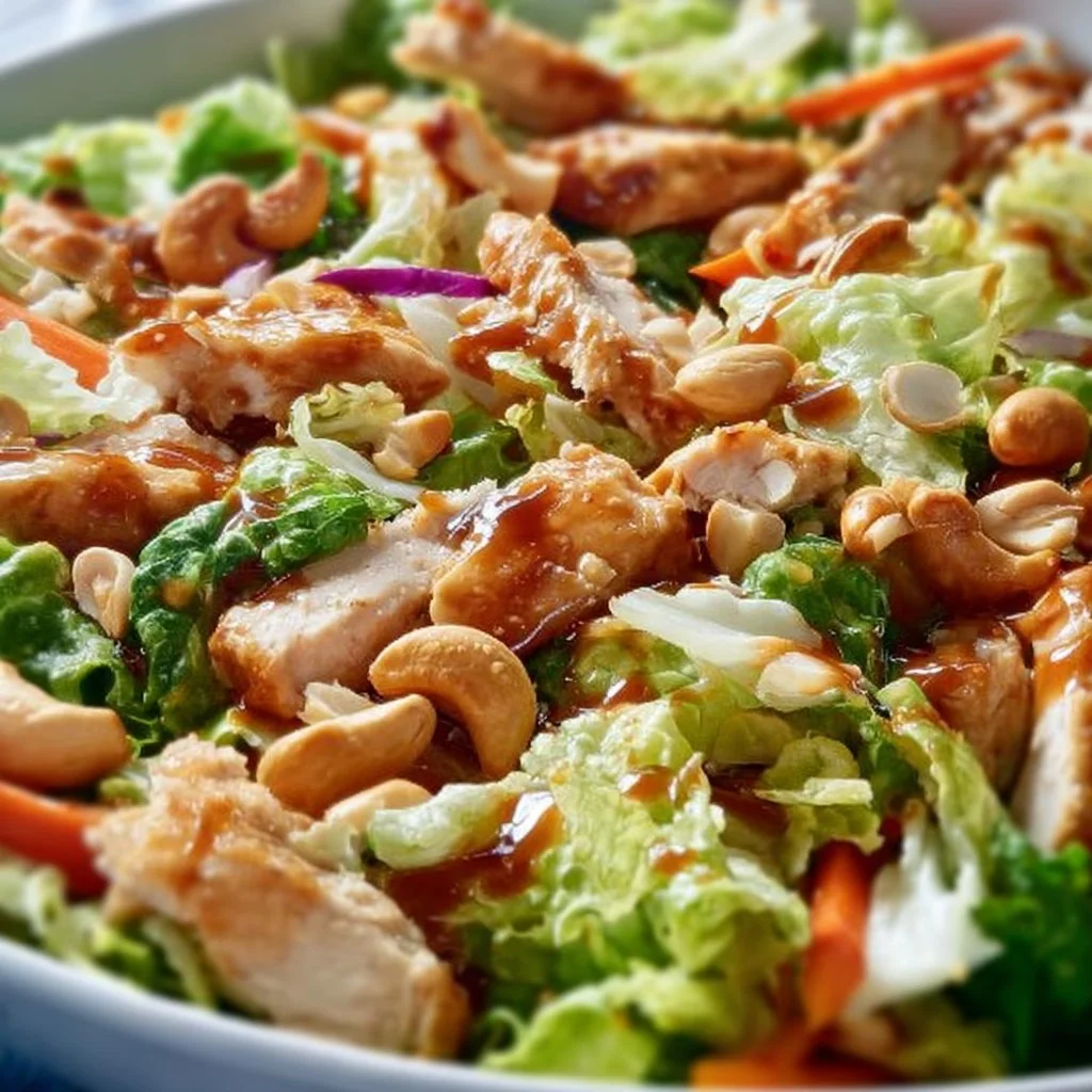 Chicken Cashew Crunch Salad topped with grilled chicken and crunchy cashews.