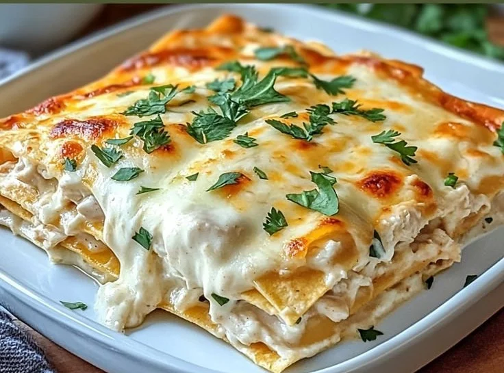 Delicious Chicken Enchilada Casserole topped with melted cheese and fresh ingredients.