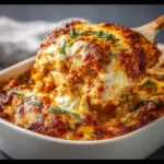 Delicious Chicken Parmesan Casserole topped with melted cheese and herbs