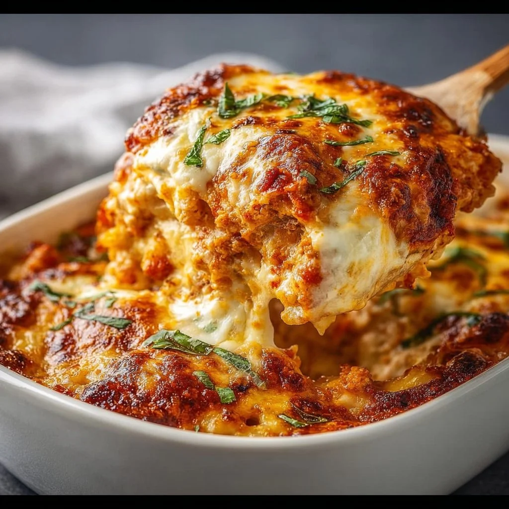 Delicious Chicken Parmesan Casserole topped with melted cheese and herbs