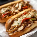 A delicious Chicken Philly Cheese Steak loaded with cheese and peppers