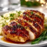 Delicious chicken breast in creamy garlic sauce garnished with herbs.