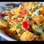 Classic Cornbread Salad 3 Classic Cornbread Salad with fresh ingredients in a serving dish