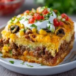 Cornbread Taco Bake 3 Delicious Cornbread Taco Bake with toppings served in a baking dish