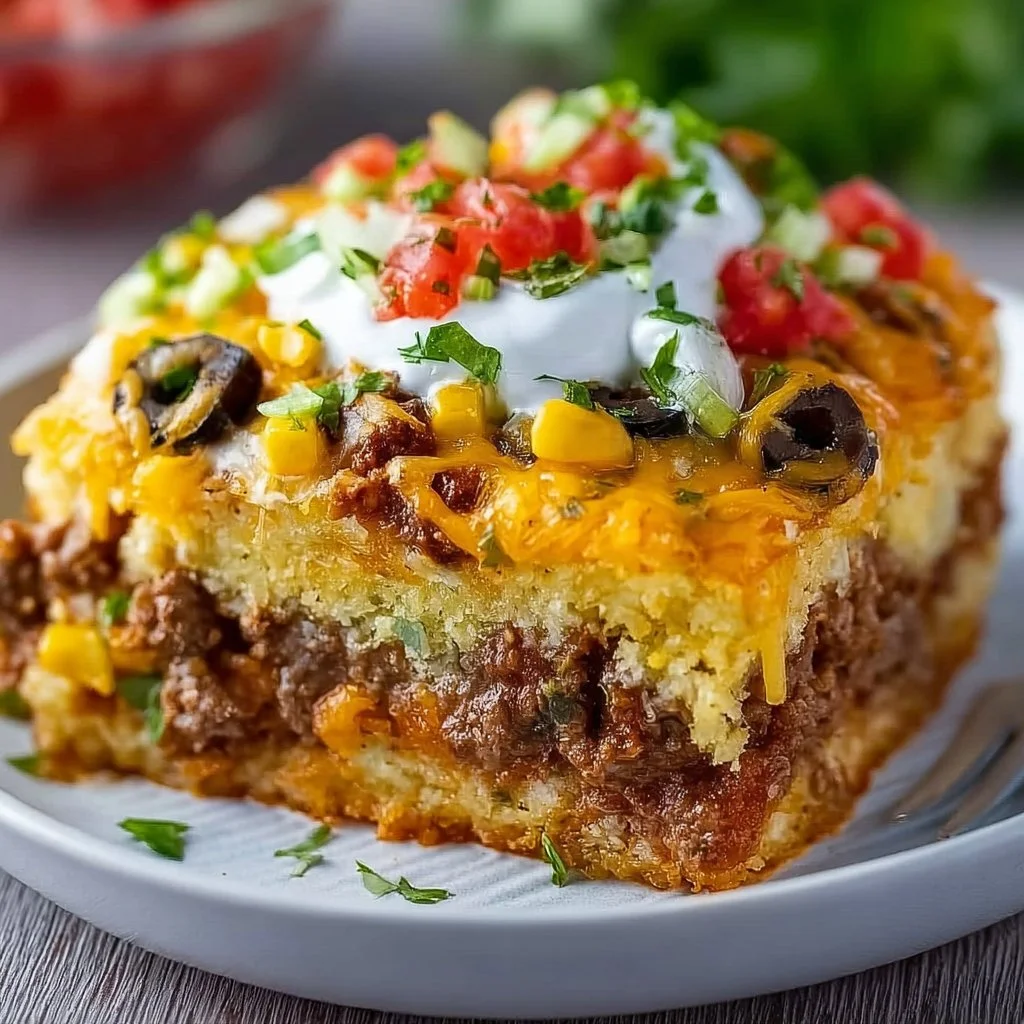 Delicious Cornbread Taco Bake with toppings served in a baking dish