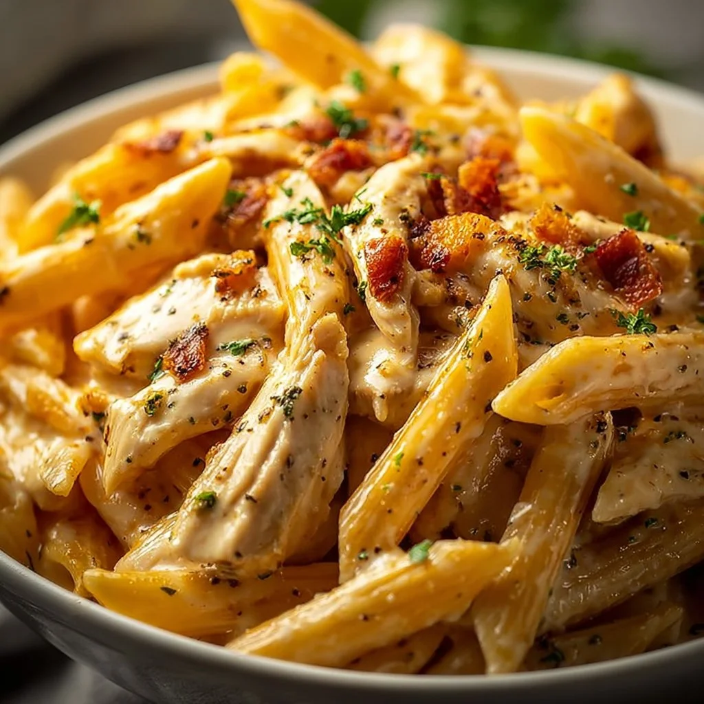 Creamy Crack Chicken Penne dish with herbs and chicken in a bowl