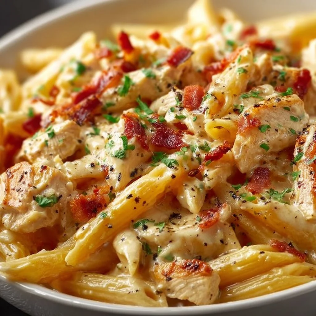 Delicious Crack Chicken Penne served in a bowl with fresh herbs.
