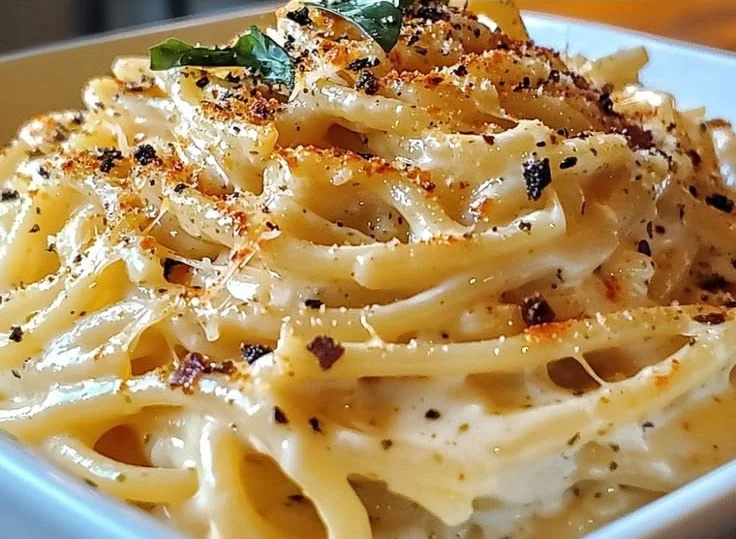 Cream cheese spaghetti served on a plate, garnished with herbs.