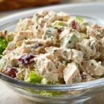 Bowl of creamy chicken salad with fresh ingredients on a wooden table