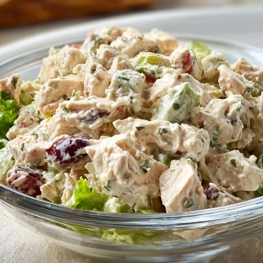 Bowl of creamy chicken salad with fresh ingredients on a wooden table