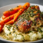 Creamy herb chicken dish served with mashed potatoes on a plate