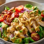 Creamy honey mustard chicken salad served in a bowl with fresh greens