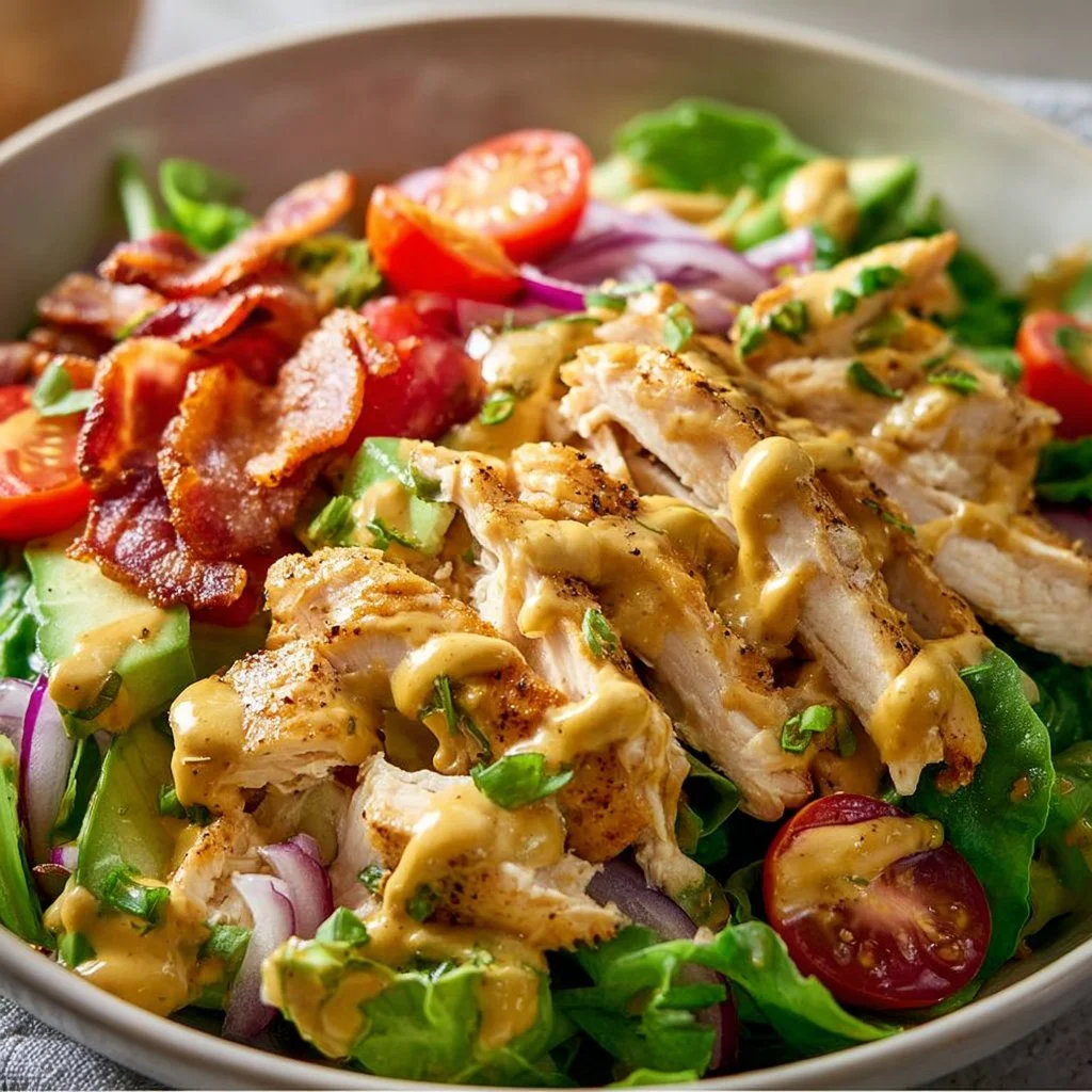 Creamy honey mustard chicken salad served in a bowl with fresh greens