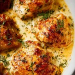 Creamy oven baked chicken thighs garnished with herbs