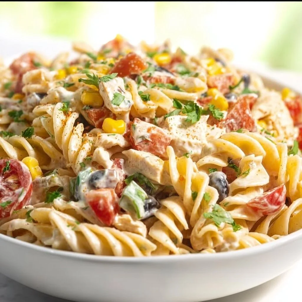 Creamy Ranch Taco Pasta Salad with vibrant vegetables and a tangy dressing