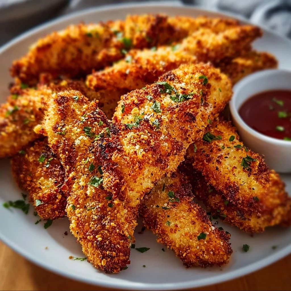 Crispy air fryer chicken tenders served with dipping sauce on a plate