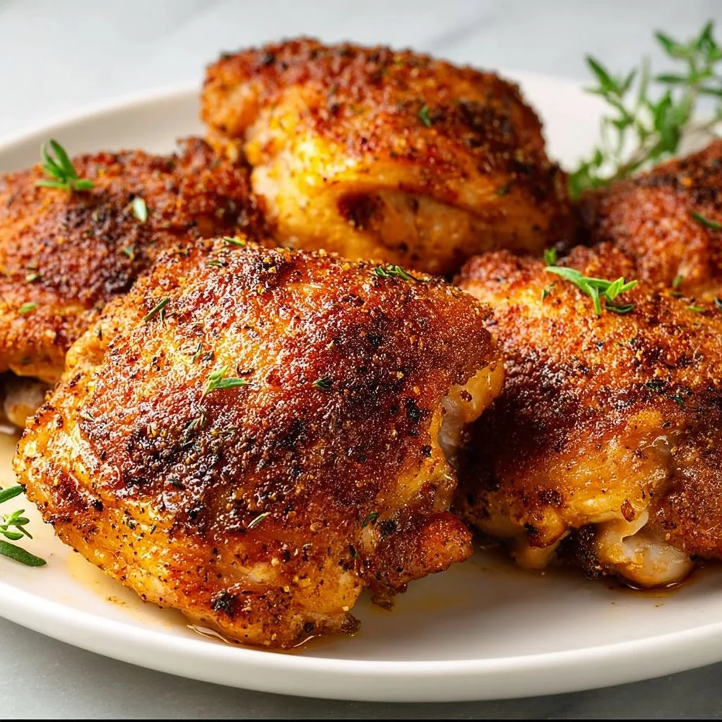 Crispy baked chicken thighs served on a plate with herbs and sides.