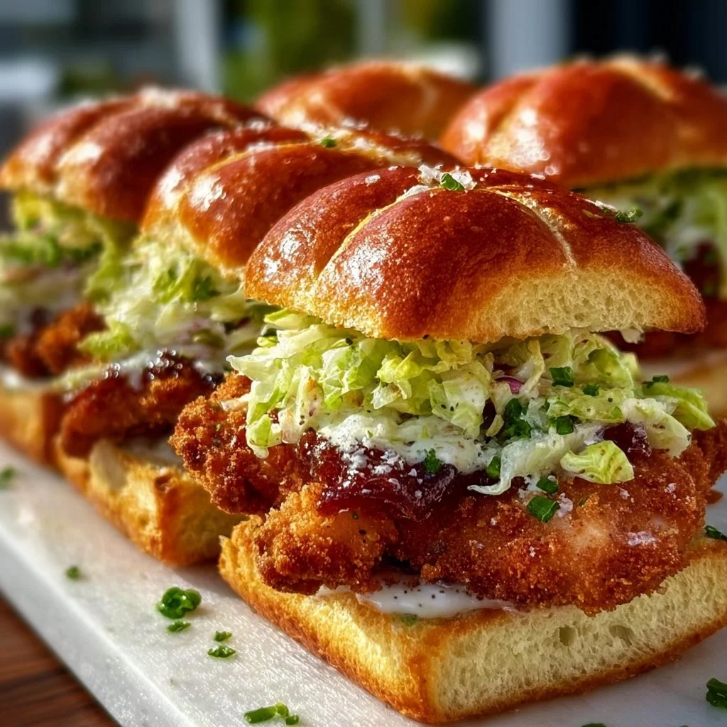 Crispy Chicken Caesar Sliders served on a plate with fresh ingredients