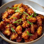 Crispy Chinese honey garlic chicken served on a plate with sesame seeds and green onions.