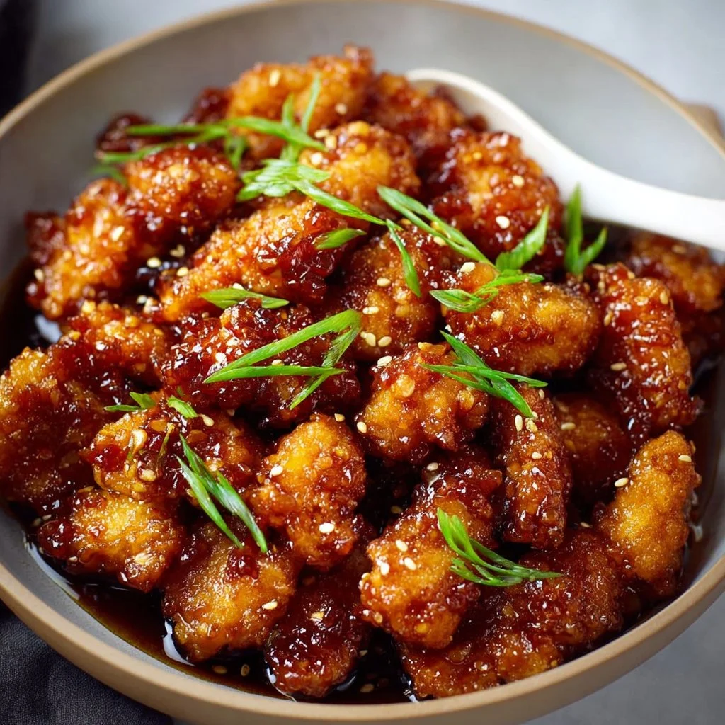 Crispy Chinese honey garlic chicken served on a plate with sesame seeds and green onions.