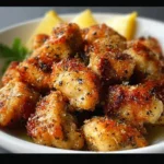 Crispy lemon pepper chicken bites on a plate garnished with herbs