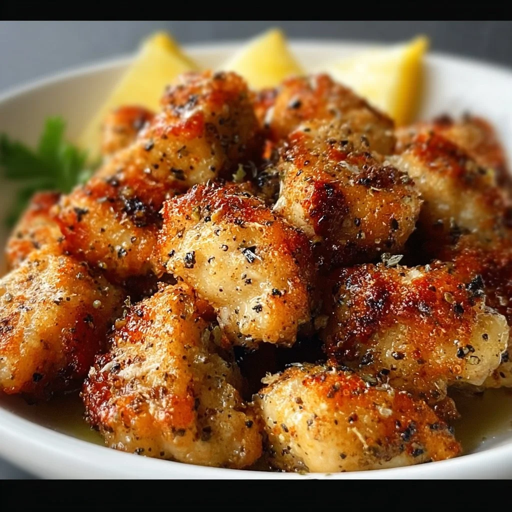 Crispy lemon pepper chicken bites on a plate garnished with herbs