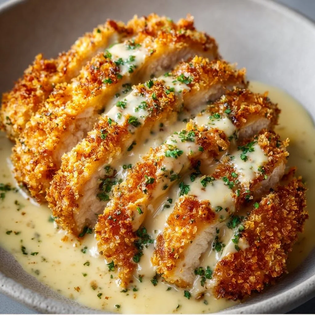Crispy Parmesan Chicken served with Creamy Garlic Sauce on a plate