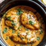 Delicious Crockpot Thai Peanut Chicken served with rice and vegetables.