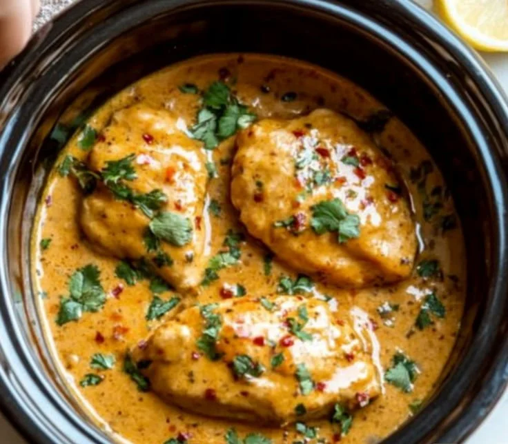 Delicious Crockpot Thai Peanut Chicken served with rice and vegetables.