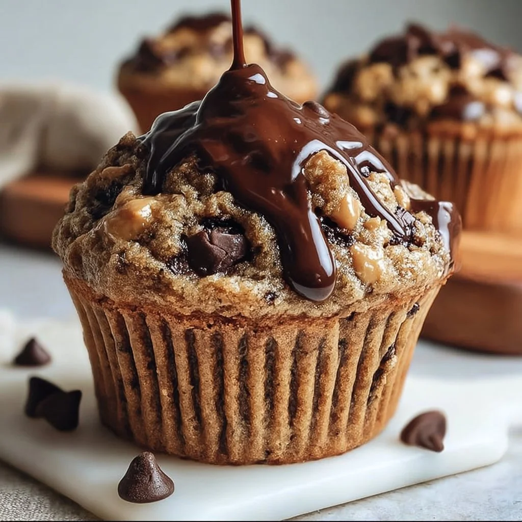 Dark chocolate peanut butter Greek yogurt banana muffins fresh out of the oven