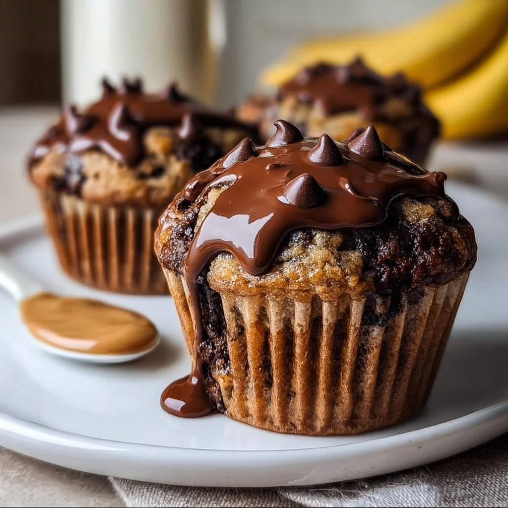 Dark Chocolate Peanut Butter Greek Yogurt Banana Muffins