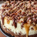 Decadent Turtle Fudge Cheesecake with fudge and pecan topping