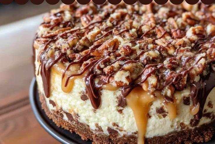Decadent Turtle Fudge Cheesecake with fudge and pecan topping