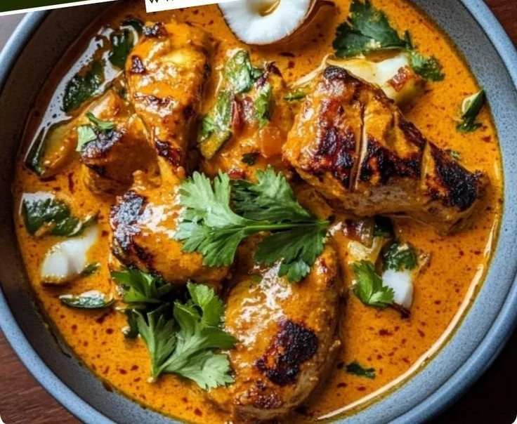 Plate of East African chicken in coconut sauce garnished with fresh herbs.