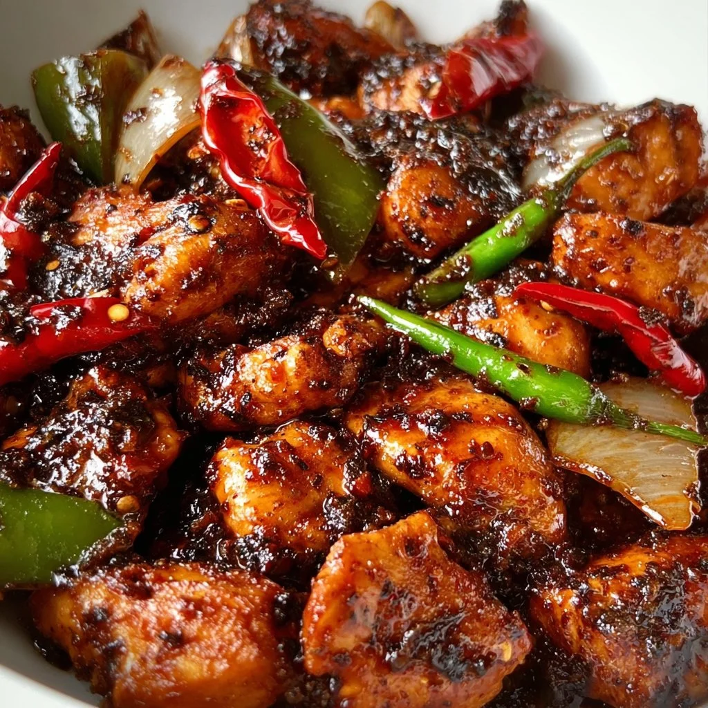 A plate of easy black pepper chicken served with vegetables and rice.
