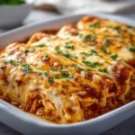 Delicious easy chicken enchilada casserole topped with cheese and garnished.