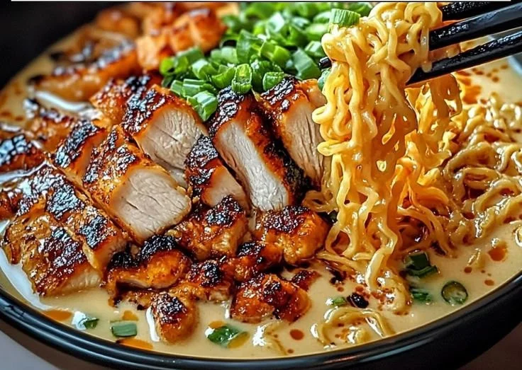 Bowl of fiery chicken ramen topped with creamy garlic sauce and fresh herbs